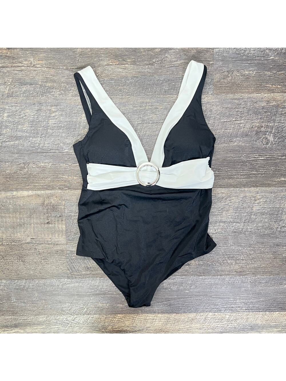NWT Calzedonia black with white trim V-neck one piece swimsuit size XL  B161